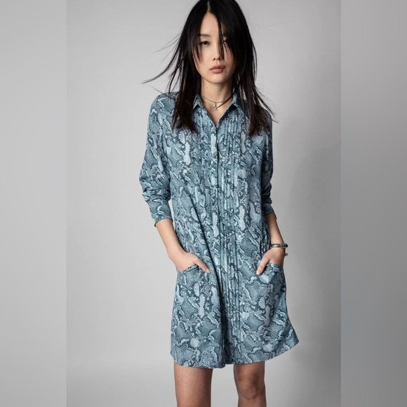 ZADIG & VOLTAIRE NWOT Rougi Snake Printed Button Front Mini Dress in Bleu - Picture 1 of 11